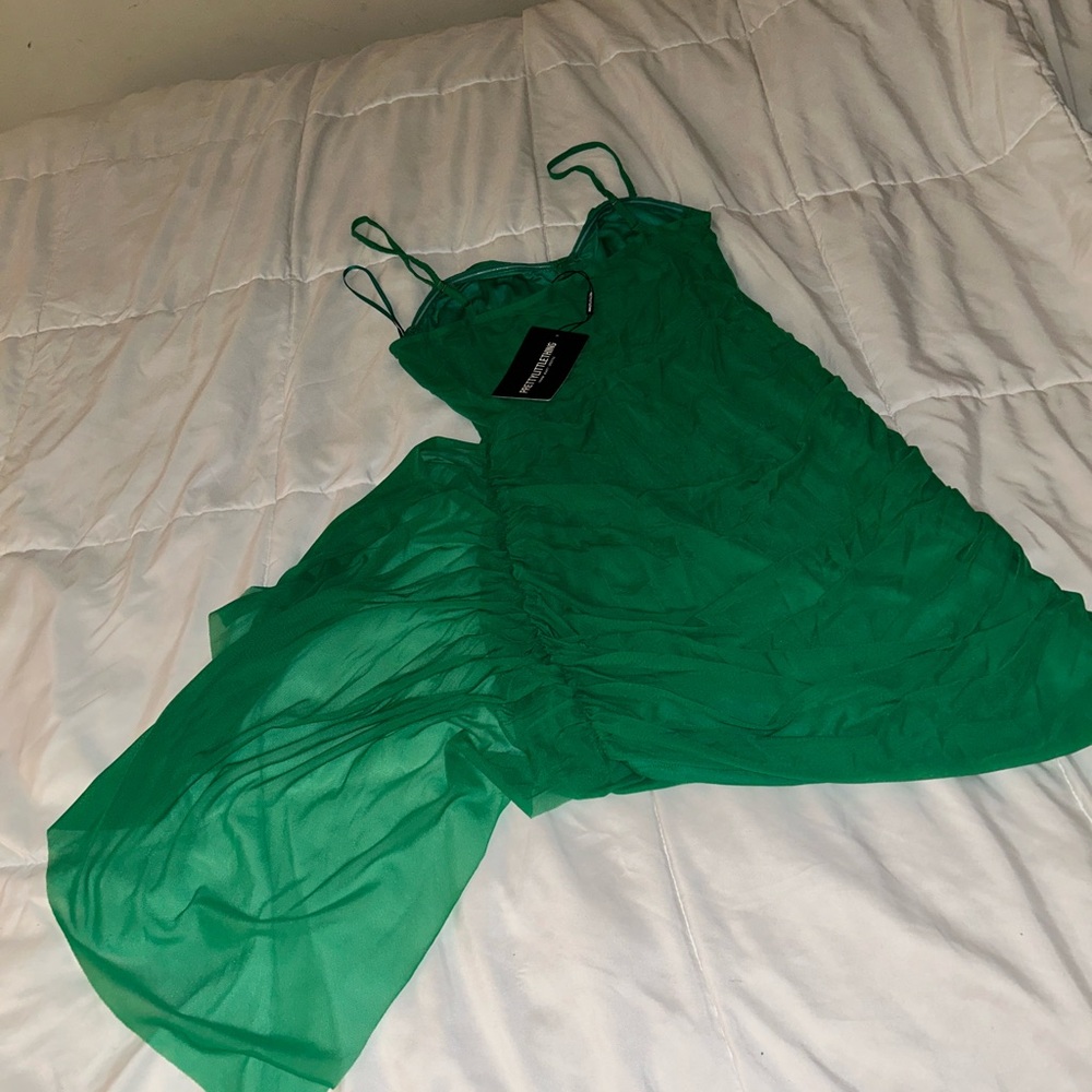 Green spaghetti strap ruched side dress